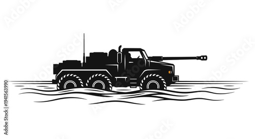 Military Truck with Cannon in Water - Vector Illustration