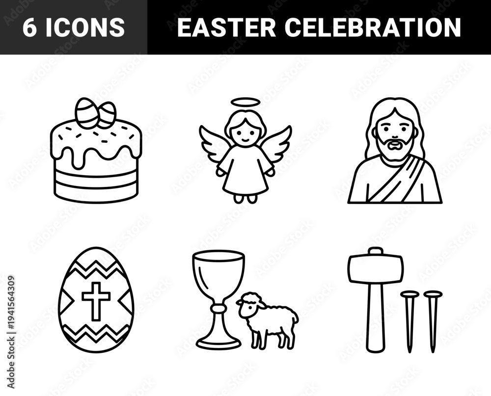 Naklejka premium Easter holiday and Christian religious celebration elements. Technical monoline linear graphics featuring Jesus, angel, and symbolic church items.