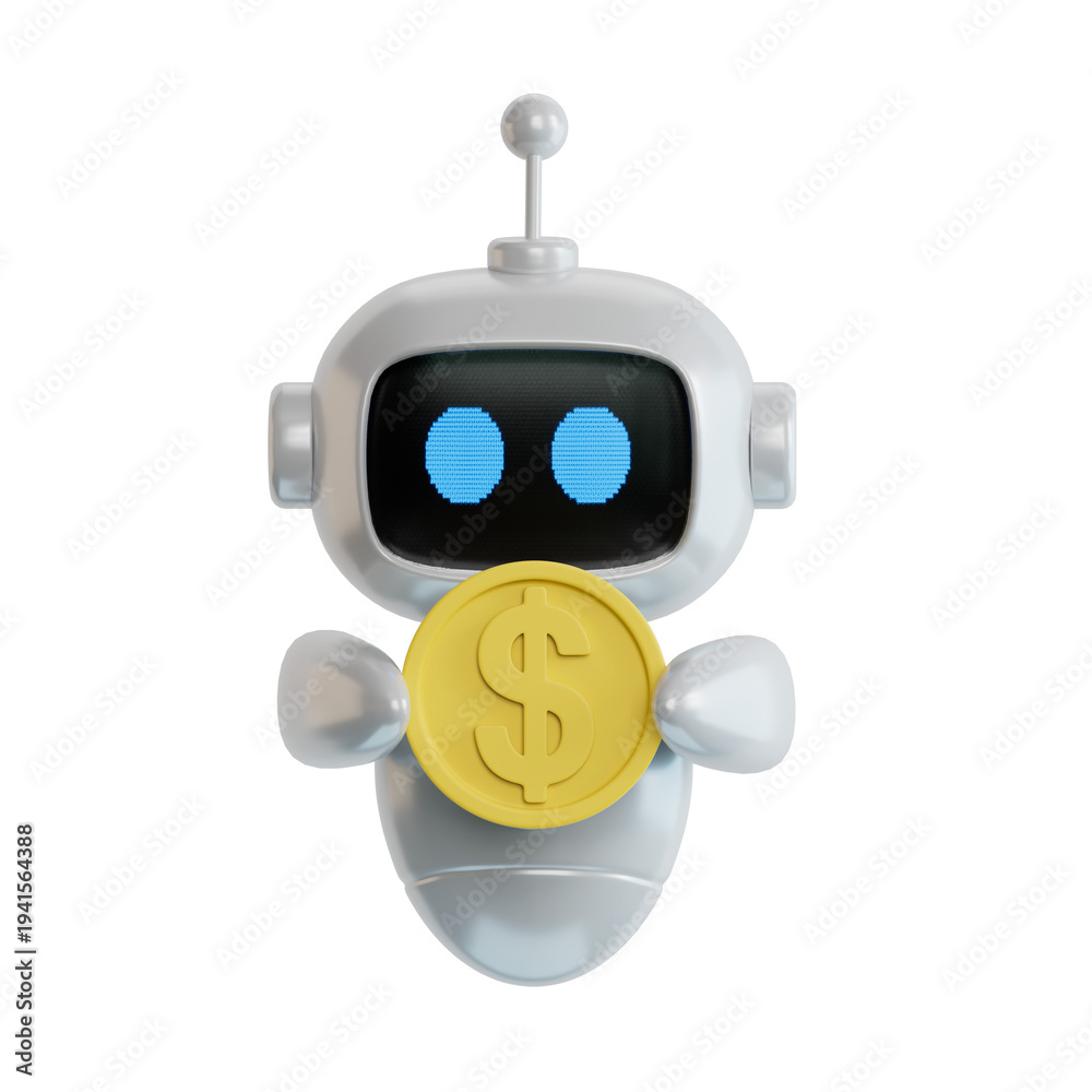 Fototapeta premium 3D illustration of ai robot holding dollar coin. Success and money investment concept. Transparent Background Mockup.Supports PNG files with transparent backgrounds.