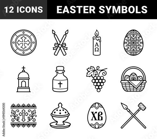 Eastern Orthodox Easter celebrations and religious liturgy symbols. Minimalist monoline pictograms featuring Paschal eggs, incense burners, and ceremonial candles.