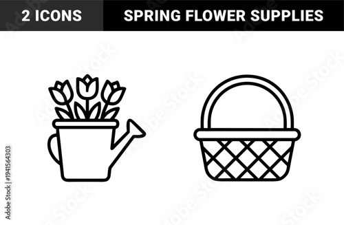 Garden maintenance and floral hobby elements for backyard landscaping. Minimalist monoline pictograms featuring wicker basket and watering can with tulips.
