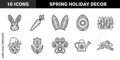 Easter holiday and spring gardening elements for seasonal branding. Folk-style monoline pictograms featuring decorated eggs and bunny motifs.