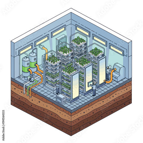 Vertical Farming System with Hydroponic Towers and Grow Lights.