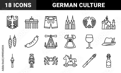 German cultural heritage and tourism symbols in monolinear style. Traditional folklore elements and landmark silhouettes for travel guides and festive branding.