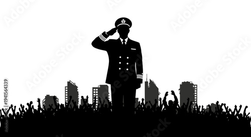Pilot Saluting Over City Skyline and Cheering Crowd Silhouette