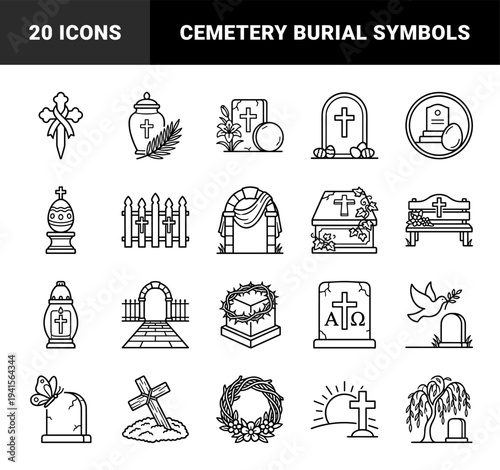 Christian funeral and cemetery memorial elements featuring gravestones, Easter symbols, and mourning rituals in a bold monoline aesthetic.