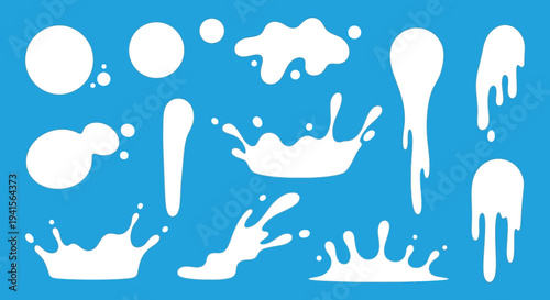 Abstract white splashes and blobs against a bright blue background creating a fluid dynamic composition silhouette high quality professional detailed modern