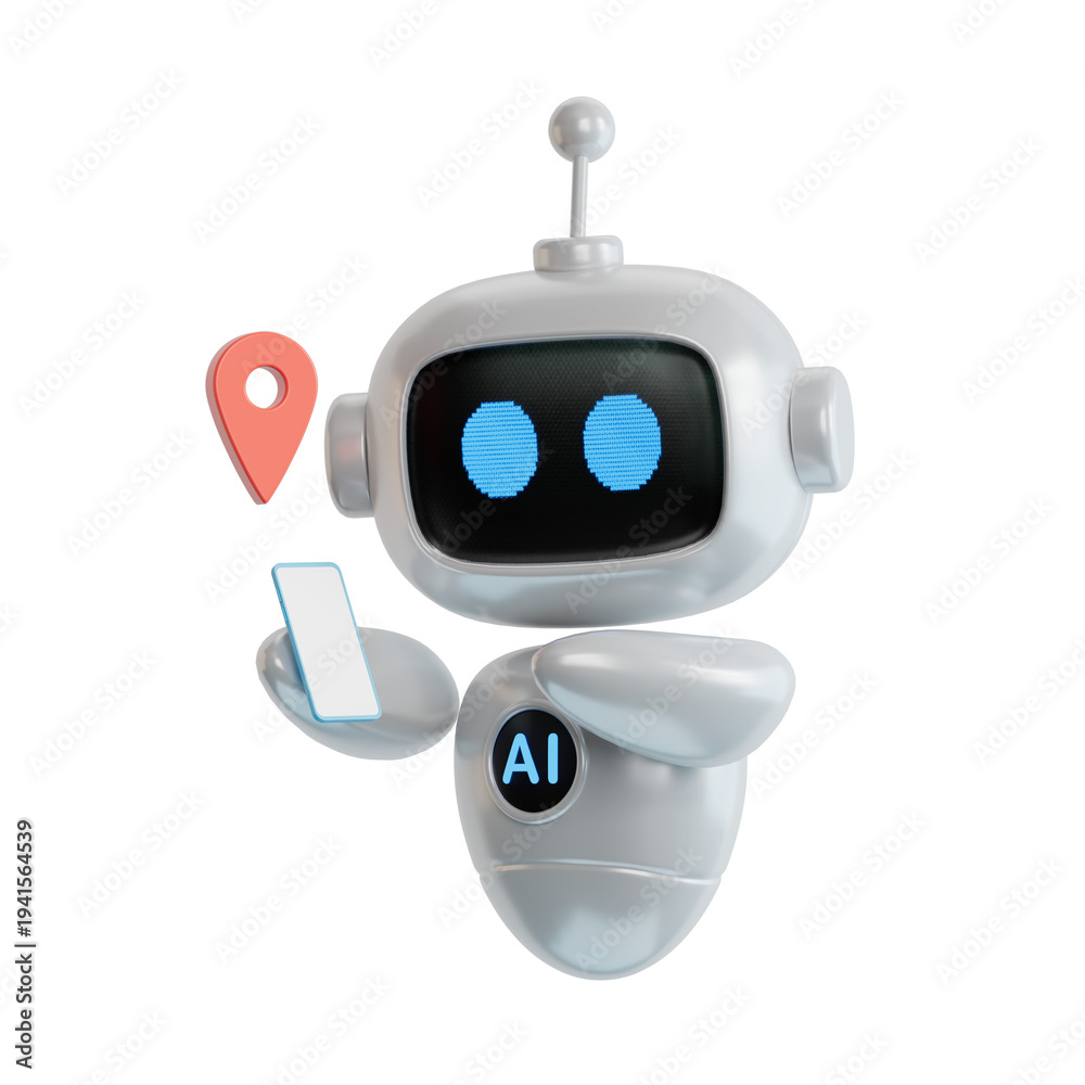Fototapeta premium 3D illustration of ai robot use smartphone with red map pointer over white background with copy space.Transparent Background Mockup.Supports PNG files with transparent backgrounds.
