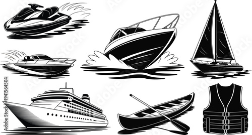 Water sports vehicles and life vest on transparent background vector illustration