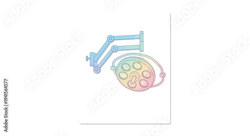 Modern surgical operating room light with articulated arm and multi-bulb head.