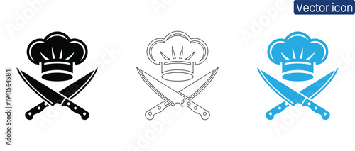 Professional vector icons of chef hats with crossed knives in black, gray, and blue for culinary and restaurant use