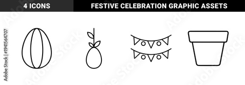 Easter celebration and spring gardening symbols for festive marketing. Minimalist monoline graphics featuring sprouting seeds, decorated eggs, and party bunting.