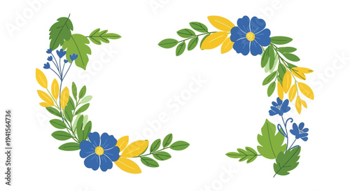 A vibrant floral wreath composed of blue yellow and green botanical elements creating a decorative border silhouette high quality professional detailed