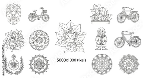 Vintage style line art illustrations featuring bicycles flowers mandalas and ornamental architectural motifs