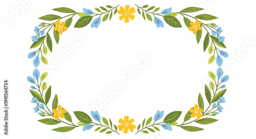 A floral frame composed of delicate leaves and bright yellow blooms creates an empty space a striking silhouette high quality professional