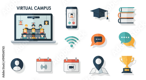 Laptop Displaying Virtual Campus Meeting with Students and Teachers.