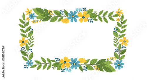 A vibrant floral frame composed of blue and yellow blossoms with lush green foliage creating a decorative silhouette high quality professional