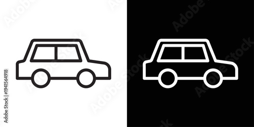 Car icon designed in stroke style, displayed in black on white and white on black background. Ideal for transportation apps, navigation systems, and vehicle-related interfaces.
