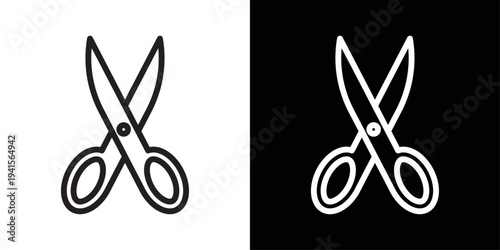 Scissors icon in black and white stroke style on background. Ideal for editing tools, cutting actions, and craft or salon-related interfaces.