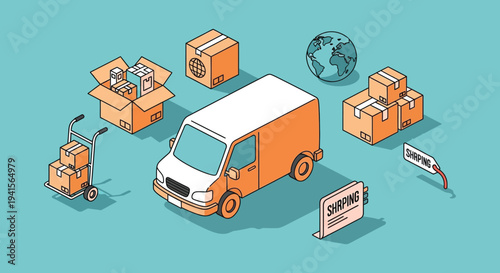 Isometric illustration depicting delivery logistics with boxes a van and a globe showcasing global shipping silhouette high quality professional detailed modern
