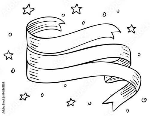 Hand drawn ribbon banner with stars and confetti celebration doodle
