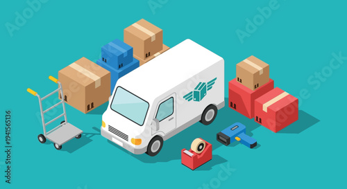 An isometric view depicts a delivery van surrounded by packages and equipment showcasing logistics and transportation silhouette high quality professional detailed