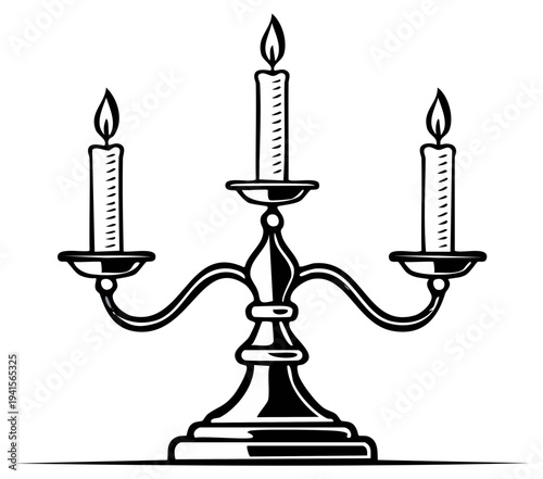 Vintage candelabra with three burning candles black and white line art illustration