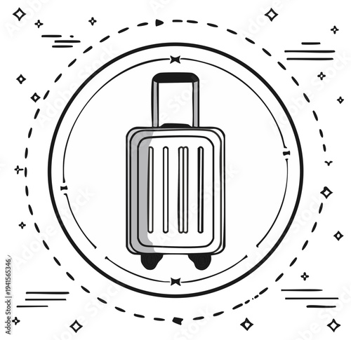 Hand-drawn suitcase with wheels and handle inside a circle of abstract shapes and lines, black and white