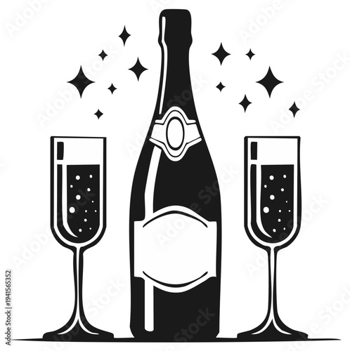 Classic celebration silhouette with champagne bottle, two sparkling flutes, and festive stars.