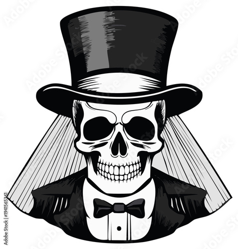 Dapper Skull in Top Hat and Tuxedo with Dramatic Drapery