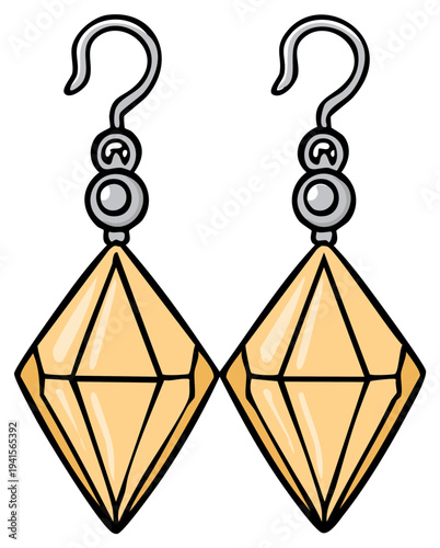 Pair of elegant golden diamond shaped dangle earrings with hook closures