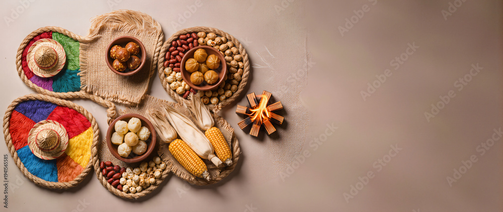 Fototapeta premium An overhead view of a row of woven baskets filled with beans and corn.