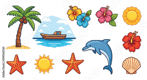 A vibrant collection of tropical elements including flowers a boat and marine life in pixel art silhouette high quality professional detailed