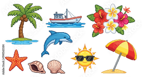 A vibrant collection of tropical icons including a boat flowers dolphin and sun depicted in pixel art silhouette high quality professional