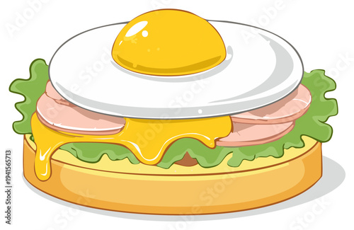 Cartoonish breakfast sandwich with fried egg, ham, and lettuce served on toasted bun in a colorful flat vector style