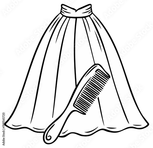 Elegant dress skirt and comb illustration. Fashion and beauty concept.