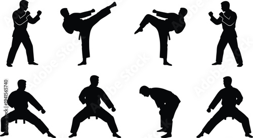 Karate martial arts silhouettes set showing fighter kicking punching and training poses isolated on white background combat sport illustration