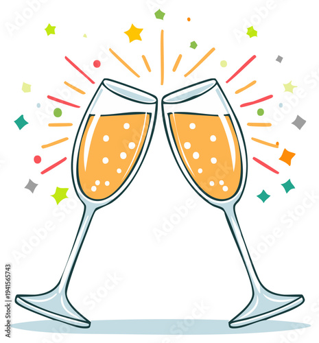 Toasting Champagne Glasses Celebration with Confetti and Sparkles