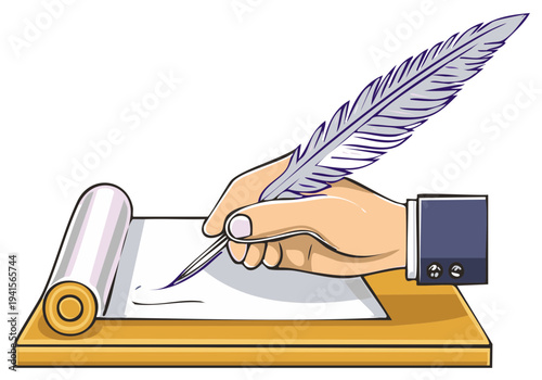 Classic illustration of a hand writing on a parchment scroll with an old fashioned feather quill pen