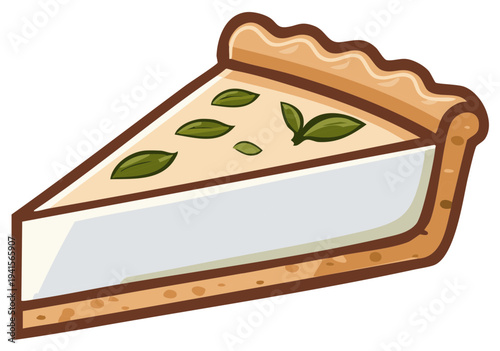 Illustration of a slice of white pie with green leaves on top, a delectable dessert treat