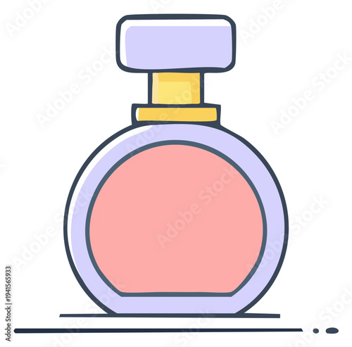 Minimalist doodle style perfume bottle with pink liquid and purple cap flat illustration