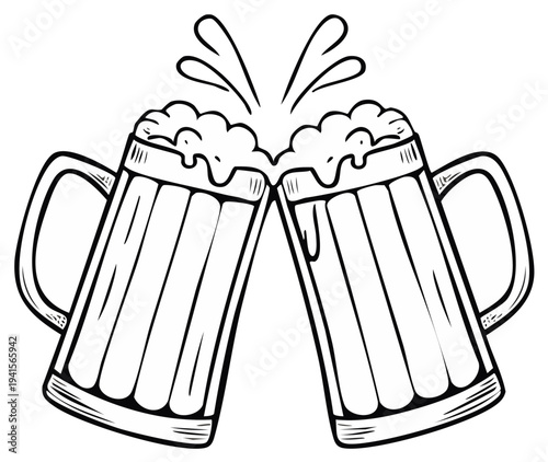 Two cartoon beer mugs clinking, celebrating