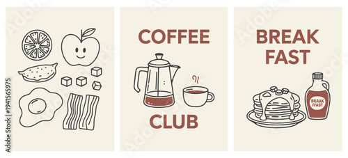 Breakfast Food and Coffee Club Doodle Collection with Text and Illustrations