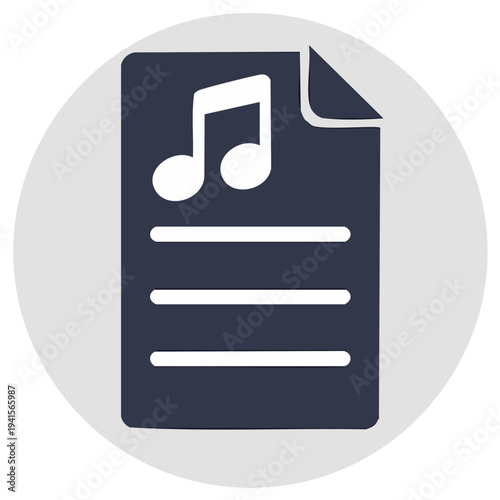 Dark blue icon with white musical notes and lines on a pale gray circular background