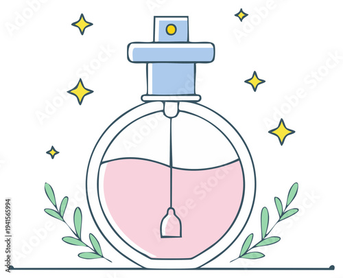 Elegant perfume bottle with pink liquid, cute stars, and leaves adorning the base, providing a touch of natural beauty