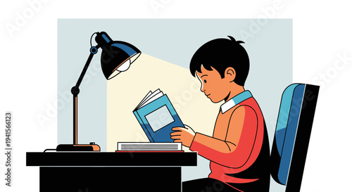 Young boy studying diligently at desk under lamp light