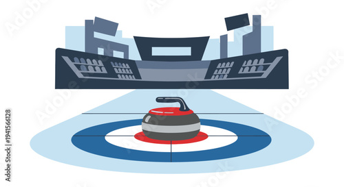 A stylized illustration depicts a curling stone on a target with a stadium backdrop in a distinct silhouette high quality professional