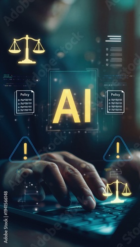 Artificial intelligence and law concept. Businessman working on laptop with icons of AI regulation, policy, ethics, and legal risk. Responsible AI technology and compliance standards.