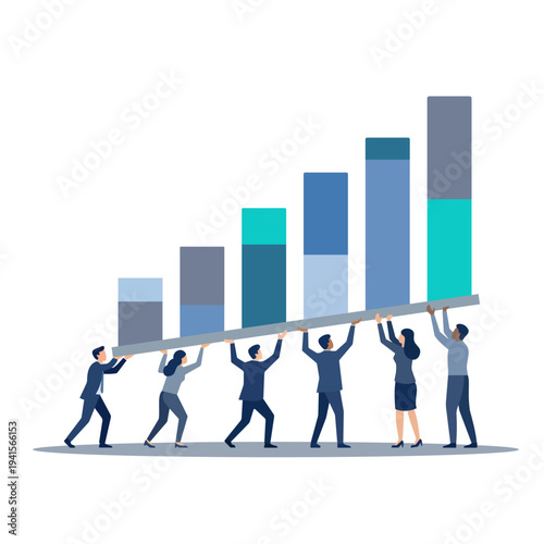 Private equity growth chart with group of businesspeople showing rising investment trend. Teamwork in finance strategy about capital funding, portfolio expansion, valuation, and financial success