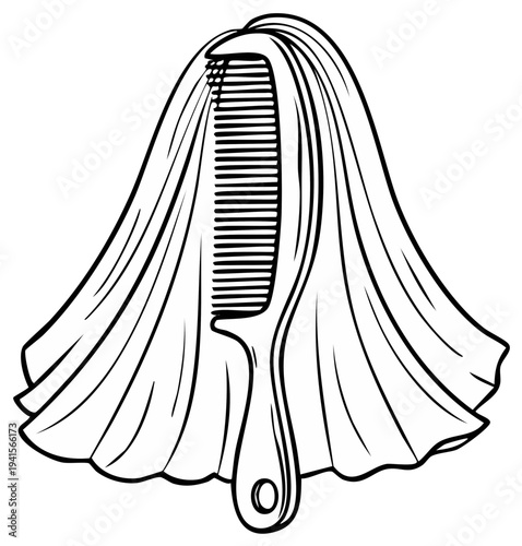 Stylized illustration of a hair comb emerging from flowing hair